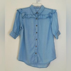 Francesca's Mi Ami denim look short sleeve button up top size 14 …